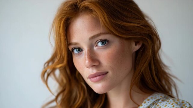 Studio head-and-shoulders portrait of a red-haired woman aged 30, blue eyes looking slightly off-camera, natural expression, clean white backdrop, balanced lighting, realistic colo