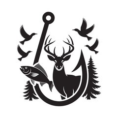 Fototapeta premium A black and white design featuring a deer fish birds and fishing hook