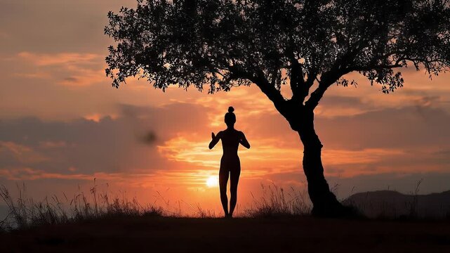 Silhouette of a person in tree pose at sunset beside a large tree on a hill; warm orange sky, tranquil landscape
