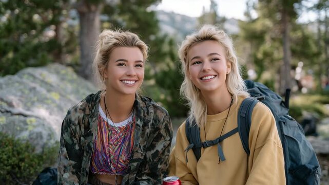 Two blond women laughing while sharing a drink during an outdoor hike break, backpacks resting nearby, forest landscape, sunlight dappling through leaves, relaxed and adventurous m