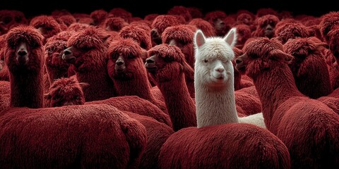 Fototapeta premium One white alpaca stands out from a crowd of red alpacas in a striking contrast