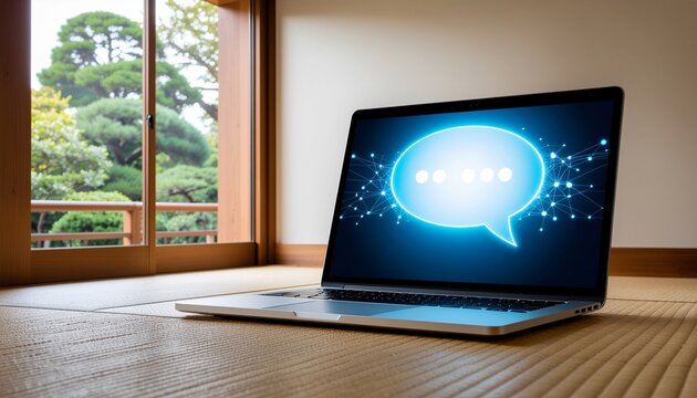 和室の畳に置かれたノートPCとチャットボットの吹き出しアイコン　会話AI・カスタマーサポート