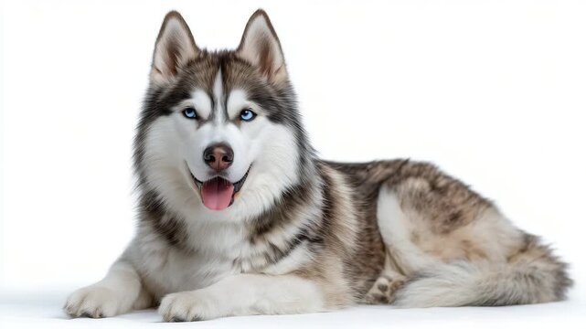 Calm Siberian Husky sitting proudly, isolated on white background, thick double coat, piercing blue eyes, subtle side shadow for depth, professional studio lighting