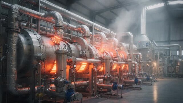 Dynamic medium shot of an energyrecovery calcination setup highlighting advanced heat exchange mechanisms that reduce emissions by reusing heat in upstream manufacturing stages.