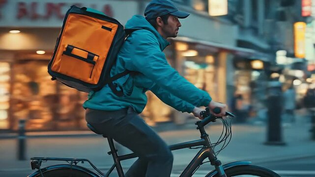Side view of a cyclist in a blue jacket with an orange backpack riding through a neon-lit city street at dusk; motion blur and urban energy