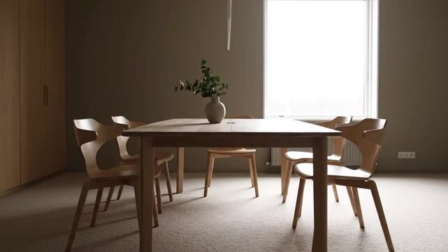 Elegant dining room with a modern wooden table and four stylish chairs, illuminated by natural light from a large window, creating a warm and inviting atmosphere for gatherings