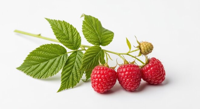 Ripe red raspberry with leaves isolated on white background close up nature fruit macro fresh berry on branch