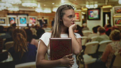 Fototapeta premium Young brunette woman holding a red ornate book, hand to mouth gesture while standing among seated audience in auction building; pensive uncertainty reflection.