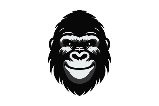 Friendly smiling gorilla head mascot silhouette. Happy ape face vector for gym, sports, and entertainment logo design.