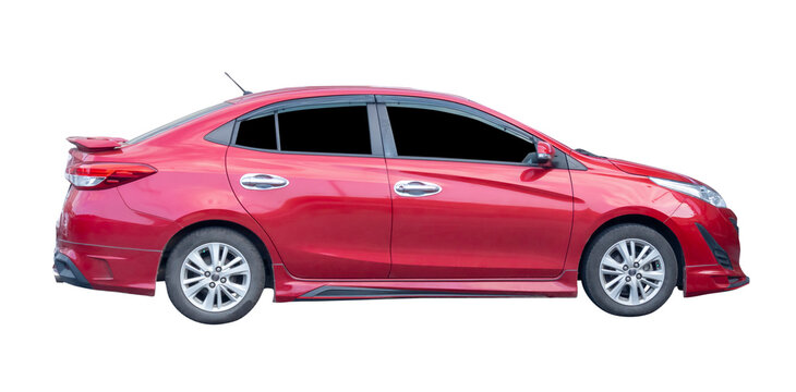 Right side view of red sports sedan car isolated with clipping path in png file format