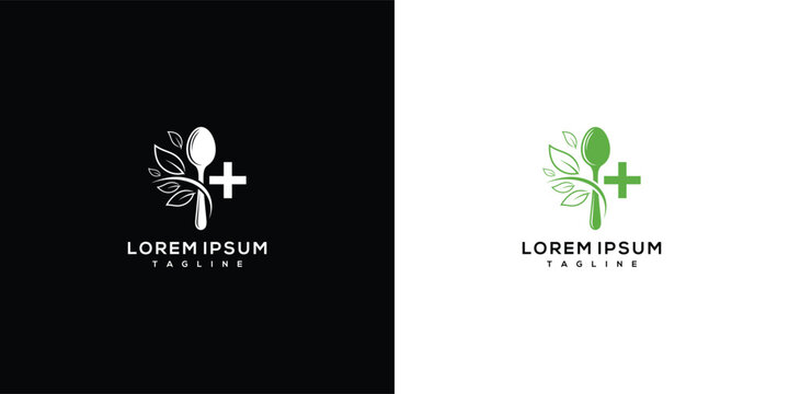 Healthy Food Logo Spoon Leaves Plus Sign - Nutrition and Wellness.