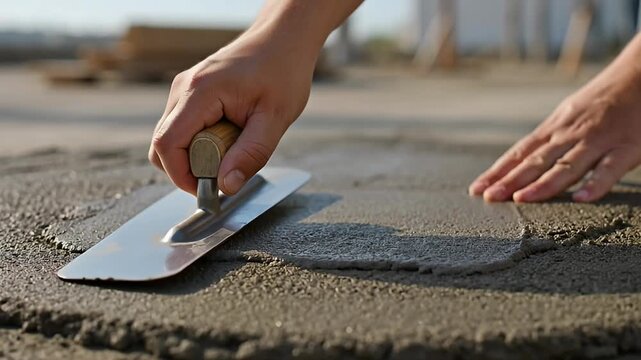Close up of a trowel smoothing out fresh concrete floor outdoors