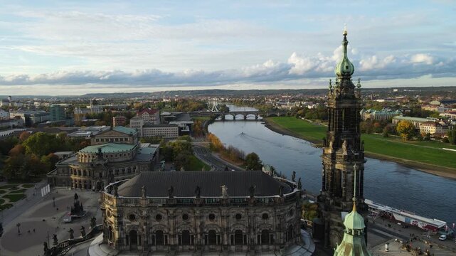 Low pass by Semperoper with Elbe and bridge in the background