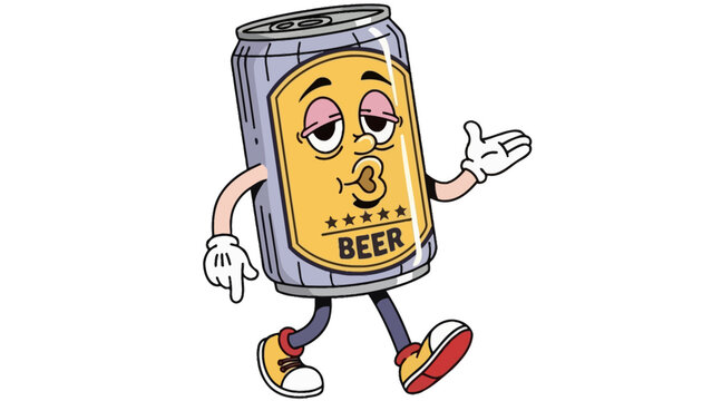 Cartoon beer can mascot character walking with whistling face in retro vintage animation style