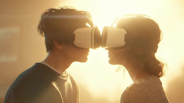 Two people wearing VR headsets in a warmly lit indoor setting; immersive tech moment, ambient glow