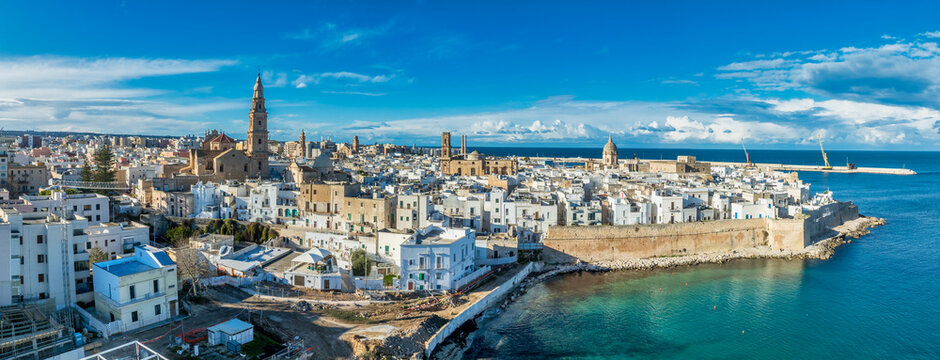 Aerial view of medieval castle and the historic center of Monopoli stunning blend of military fortification and Mediterranean coastal urbanism Puglia