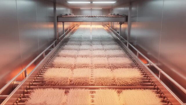 Medium shot inside a zoned heating fiber drying tunnel highlighting distinct temperature sections and uniform conveyor speed ensuring precise moisture removal from delicate fiber
