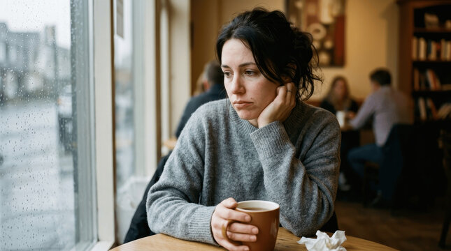 Thoughtful Young Woman Sitting in a Cafe Looking Out the Window on a Rainy Day