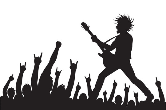 Rock star singer with guitar performing on stage. Crowd of fans at music concert silhouette vector.