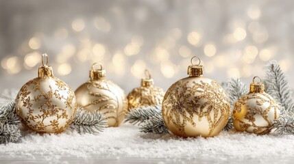 Elegant gold Christmas ornaments with glittery patterns sit on snow with pine branches