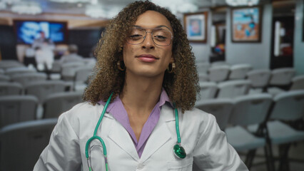 Woman doctor wearing stethoscope stands in gallery building  pride confidence resilience empowerment. © Krakenimages.com