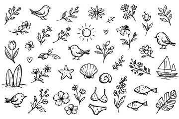 Fototapeta premium Hand Drawn Abstract Flower Vector Collection Minimal Tattoo Style Floral Elements