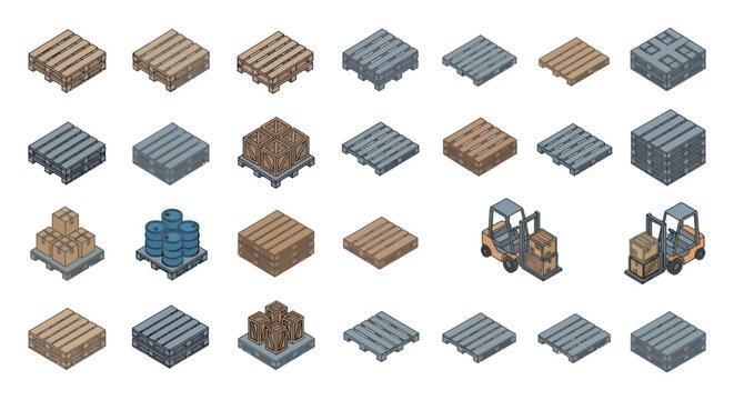 A diverse collection of isometric wooden and metal pallets and industrial forklifts for warehouse logistics.