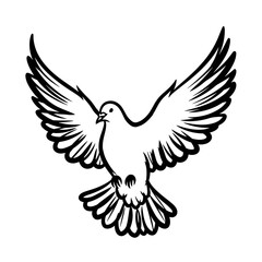 Obraz premium Flying dove illustration with detailed wings in black outline 
