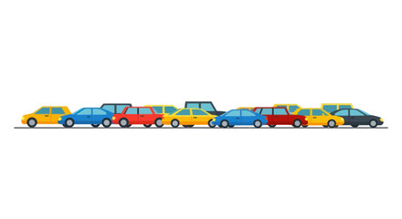 A horizontal row of various colorful vehicles in a congested traffic jam illustration.