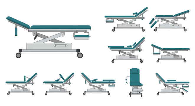 A set of adjustable medical examination tables with wheels shown in various positions and angles.
