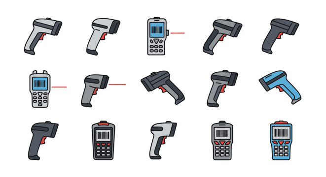 Collection of Handheld Barcode Scanners with Display Screens and Trigger Buttons.