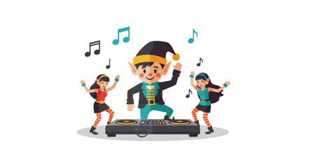 Obraz premium Festive Elf DJ Entertaining Dancers with Music Notes.