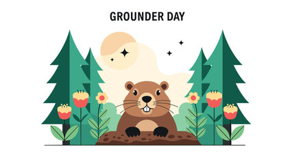 Fototapeta premium Groundhog Day celebration featuring a cute groundhog emerging from its burrow in a vibrant forest with colorful spring flowers and trees.