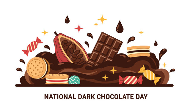 National Dark Chocolate Day illustration with cocoa beans, dark chocolate bars, sweet treats, and candies in a rich chocolate splash.