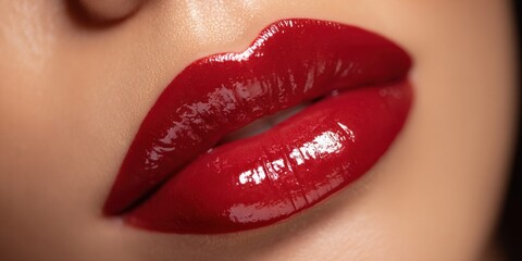 Fototapeta premium Close-up of luscious red lips with glossy lipstick, exuding glamour and sensuality