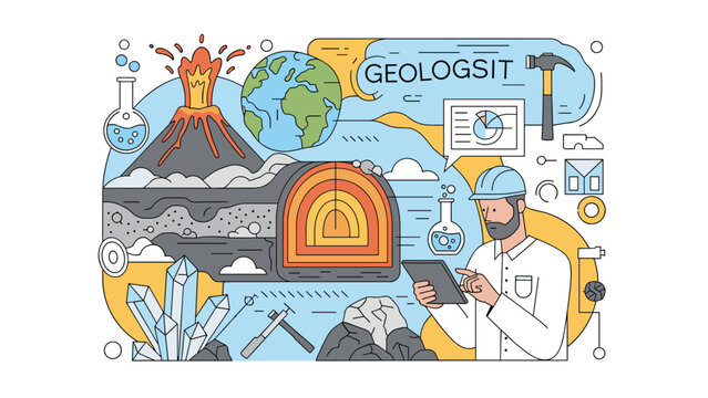 Professional geologist studying earth crust layers, volcanic activity, and mineral crystals using a digital tablet in a lab setting.
