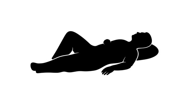 Silhouette of a person lying on their back with knees bent and head resting on a pillow, with a small object on their abdomen.