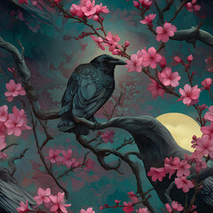 Fototapeta premium Mystical Raven in Moonlit Sakura Tree: Whimsical Nighttime Illustration of Blooming Fantasy Landscape