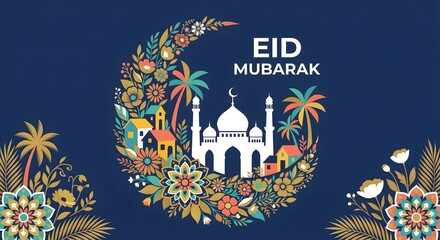 Obraz premium Modern Flat Vector Illustration for Eid Mubarak with White Mosque, Palms, and Vibrant Floral Wreath