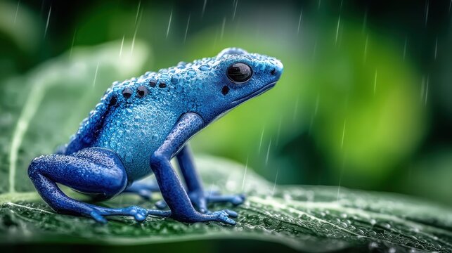 Vibrant blue poison dart frog perched on a wet leaf during a gentle rain shower