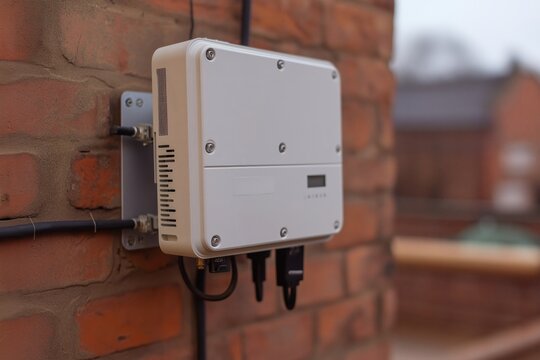 White Power Inverter on Brick Wall for Home Energy Systems Close Up