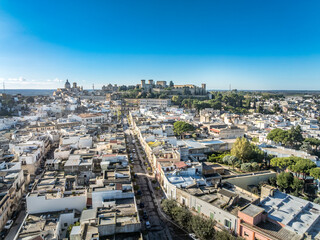 Fototapeta premium Aerial view of Oria town with medieval hilltop castle in the background