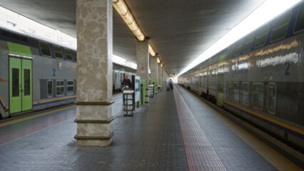 Train platform with defocused trains and columns, soft bokeh station; background backdrop copyspace calm.
