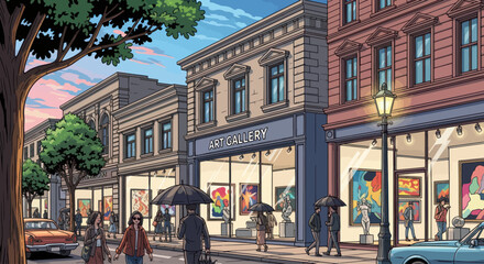 Art gallery street scene with people and classical architecture © solikhin