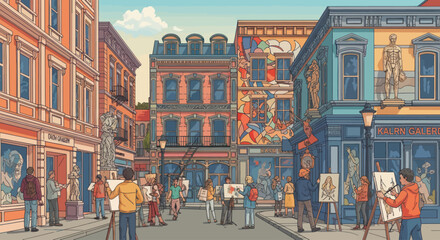 Obraz premium Street Art Festival: Artists Painting Buildings in Colorful Cityscape