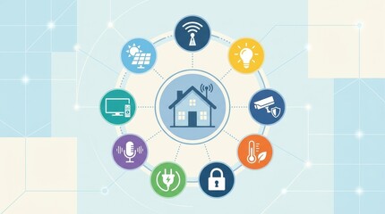 Naklejka premium Minimalist flat illustration of smart home system, house icon surrounded by tech symbols. No text.