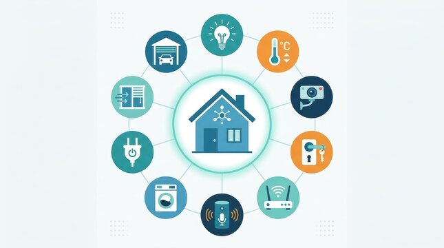 Minimalist flat illustration of smart home system, house icon surrounded by tech symbols. No text.