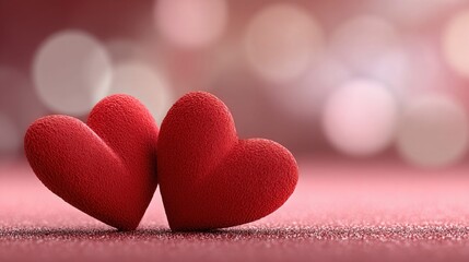 Fototapeta premium Two red velvet hearts close together on a sparkling pink surface with soft bokeh background