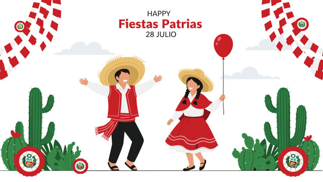 Peruvian boy and girl in traditional attire celebrate Fiestas Patrias by dancing together with festive decorations on July 28.