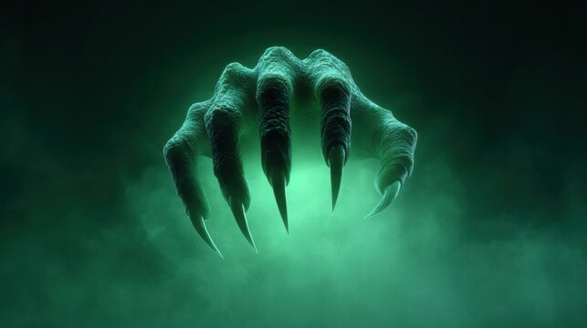 A menacing clawed hand emerges from a misty, green-toned environment.